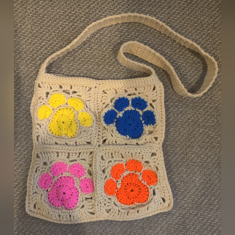 Handmade Colorful Crochet Paw Print Tote Bag - Beach Bag